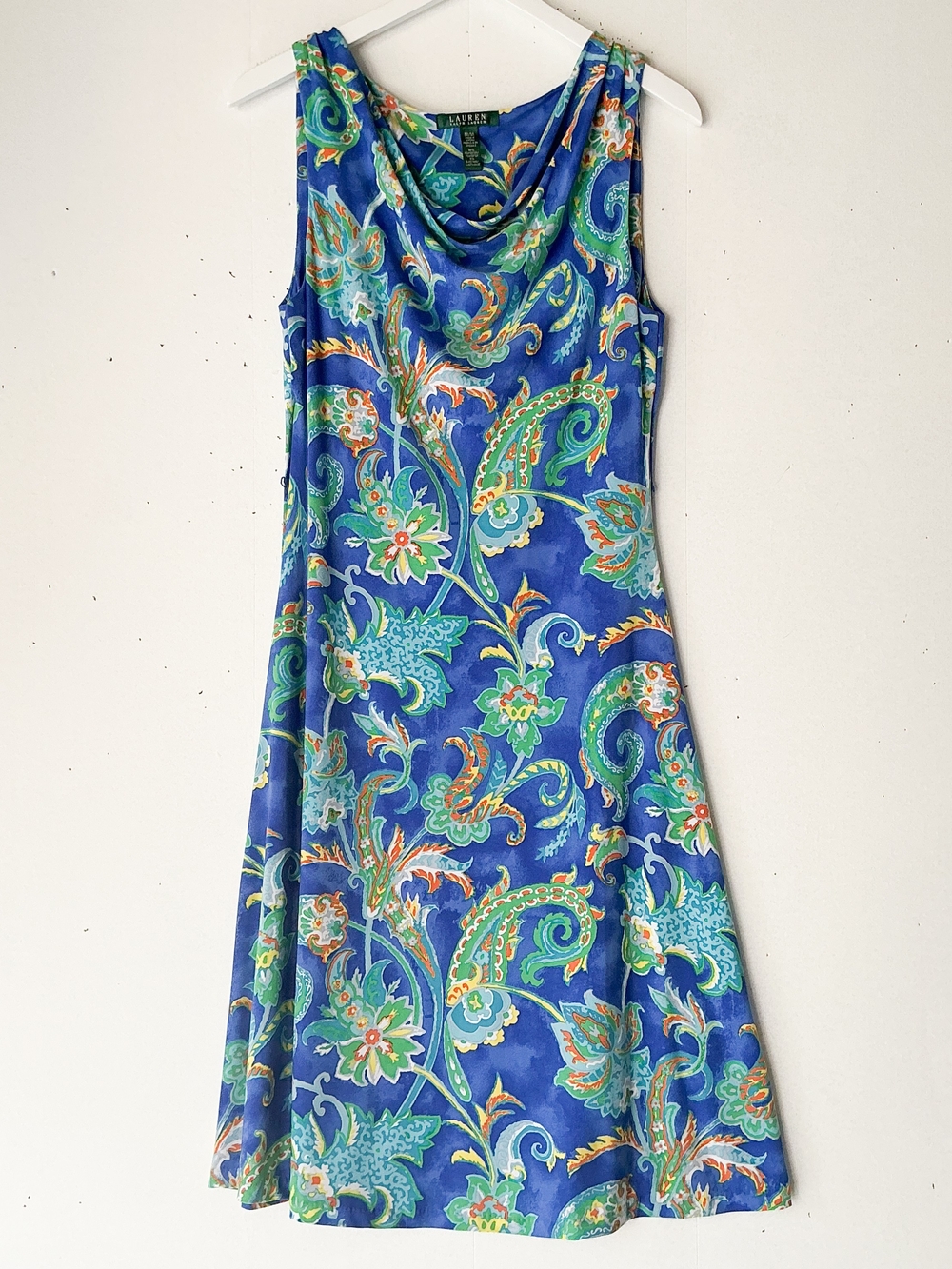 Lauren Ralph Lauren Paisley Cowl Neck Midi Dress Blue Green Boho Y2K Size M